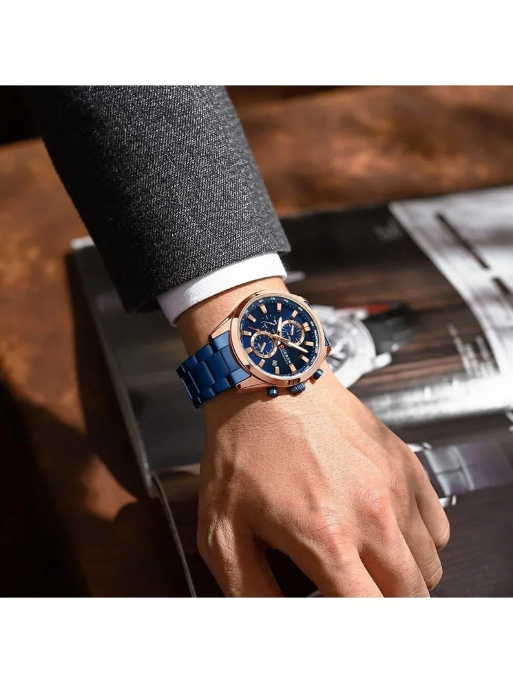Men's Blue Analog Quartz Waterproof Leather Strap Chronograph Luxury Wrist Watch
